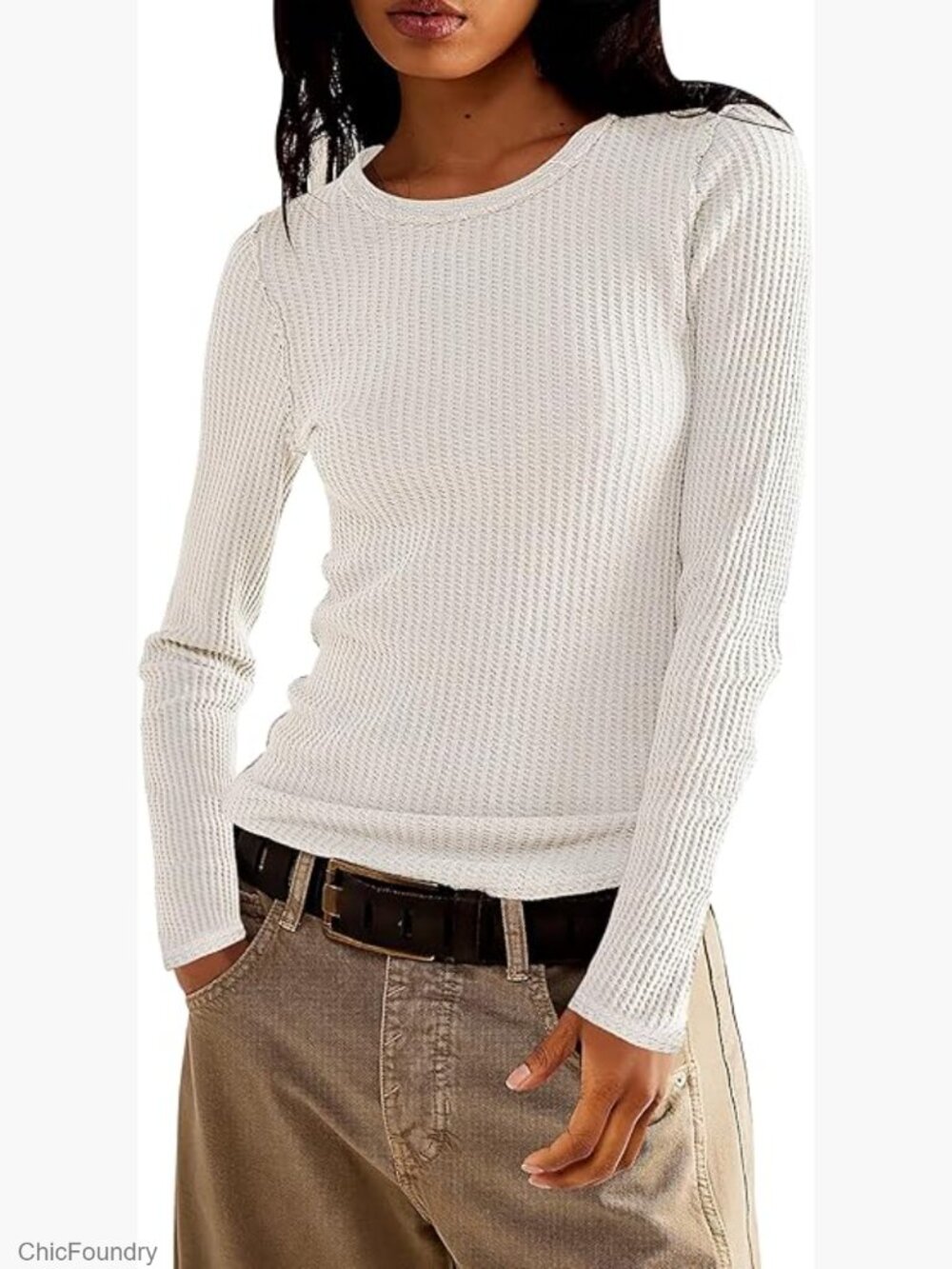 Long Sleeve Waffle Knit Crew Neck Thermal Top Slim Fit Fall